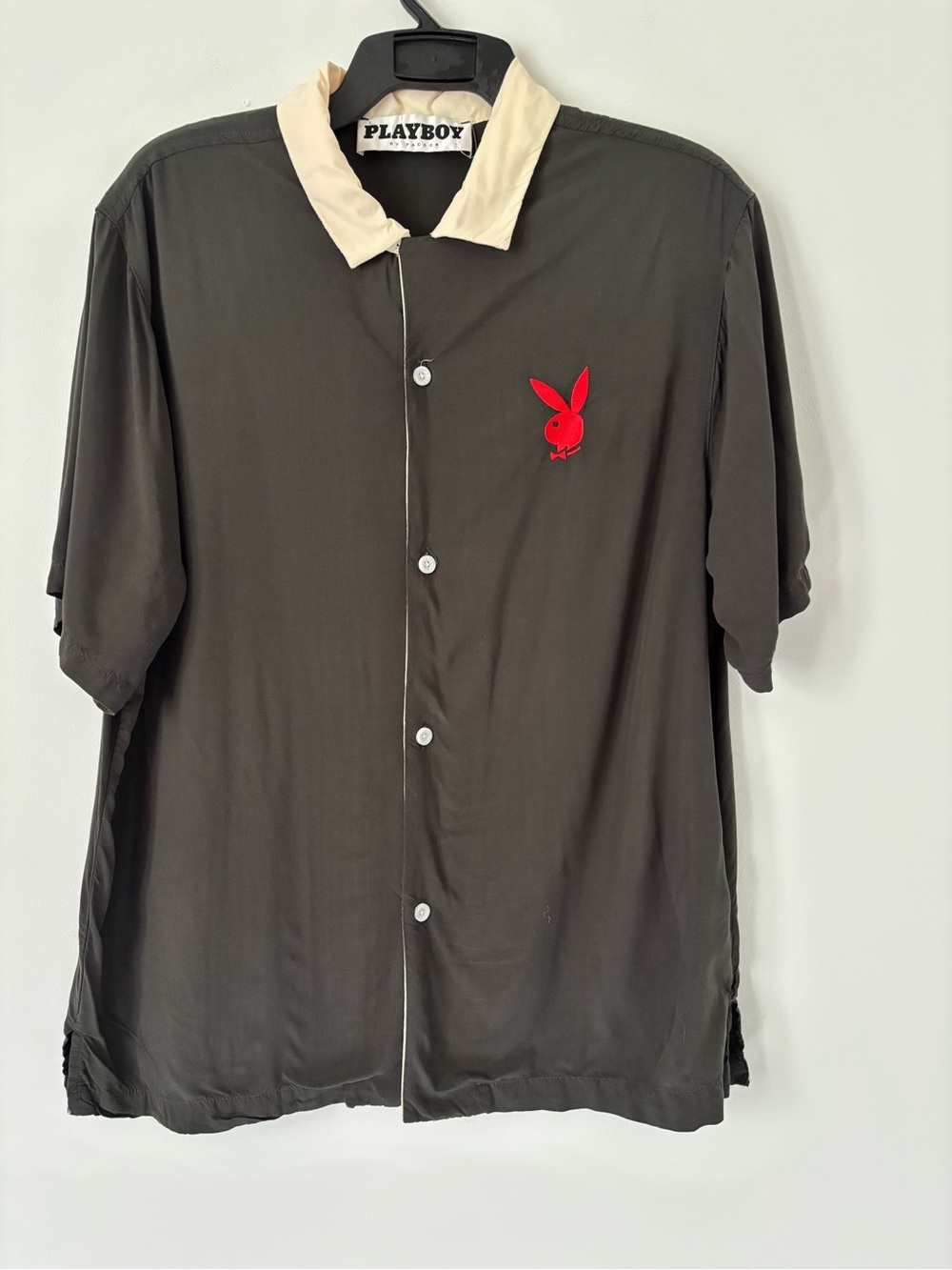 Playboy Men’s Short-Sleeve Button-Up Shirt in Black with Cream Collar